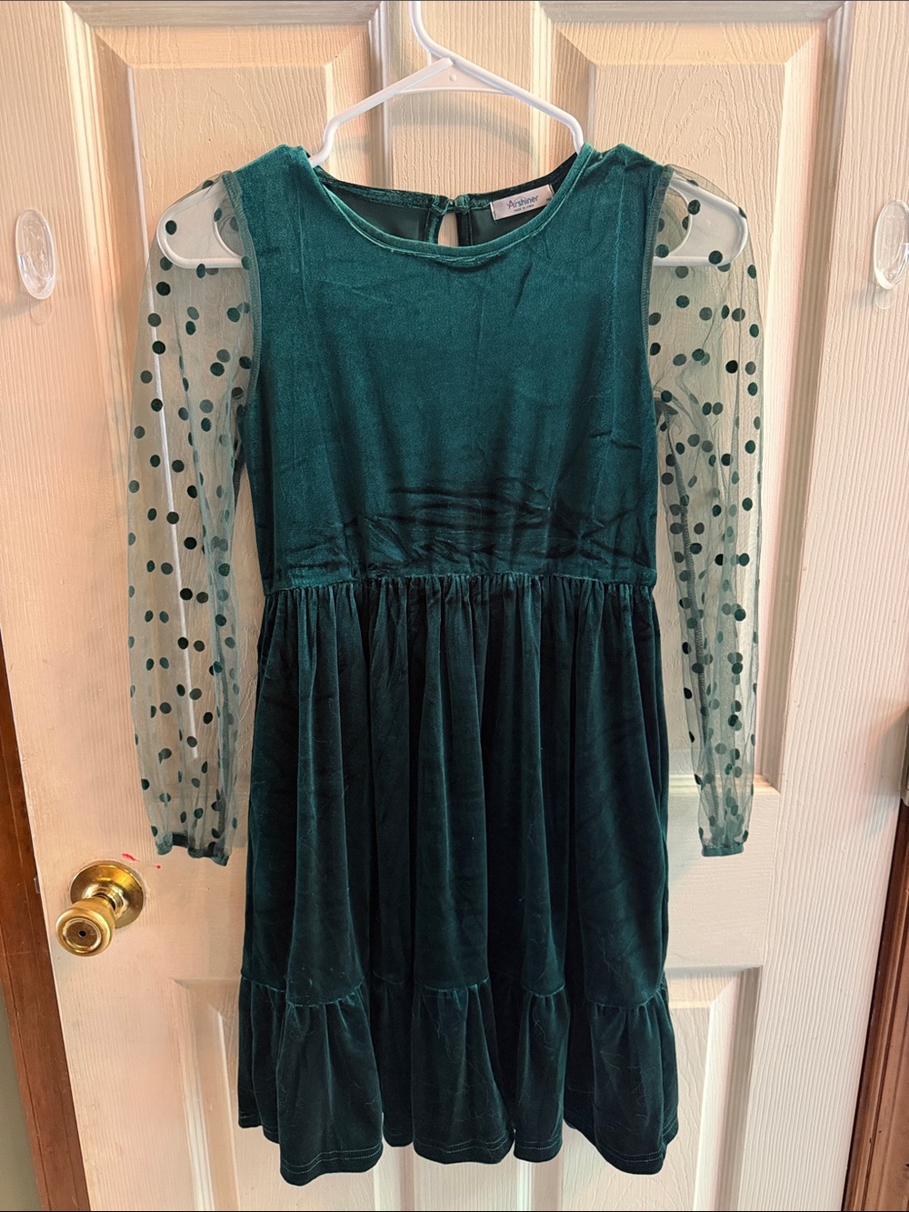 Girls' Emerald Green Velvet Dress with Polka Dot Mesh Sleeves